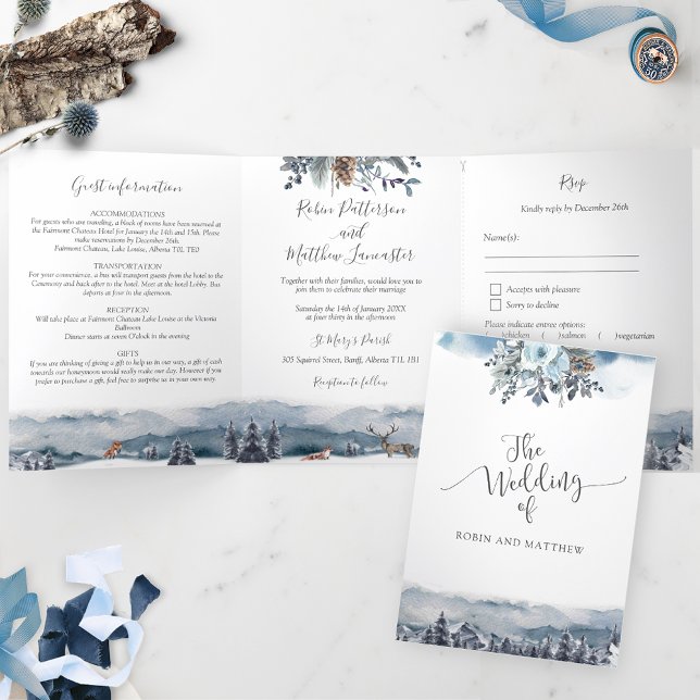 Invitación Tríptica Montaña, destino forestal, Boda con RSVP (Subido por el creador)