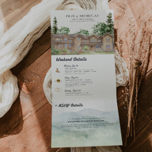 Invitación Tríptica Montañas Rústicas de Teton   Boda Ilustrada 