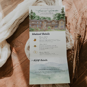 Invitación Tríptica Montañas Rústicas de Teton Boda Ilustrada