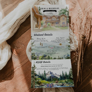 Invitación Tríptica Montañas Rústicas de Teton Boda Ilustrada