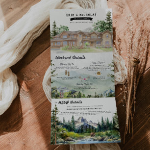 Invitación Tríptica Montañas Rústicas de Teton Boda Ilustrada