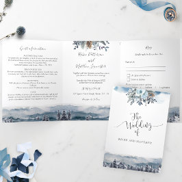 Invitación Tríptica Montañas y bosques azules, Boda con RSVP