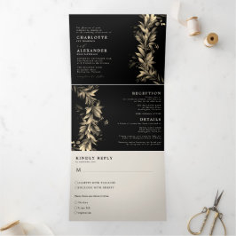 Invitación Tríptica Moody Greenery Black Beige Todo en un Boda