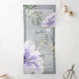 Invitación Tríptica Morado acuarela Hibiscus Boda floral