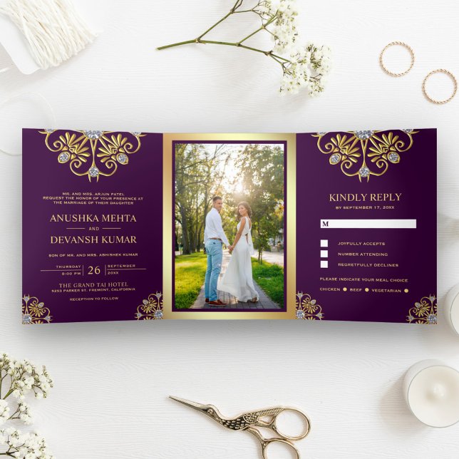 Invitación Tríptica Morado y oro Tradicional Mandala Boda indio (Subido por el creador)