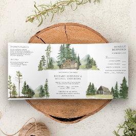 Invitación Tríptica Mountain Forest Lodge Log Cabin All in One Boda