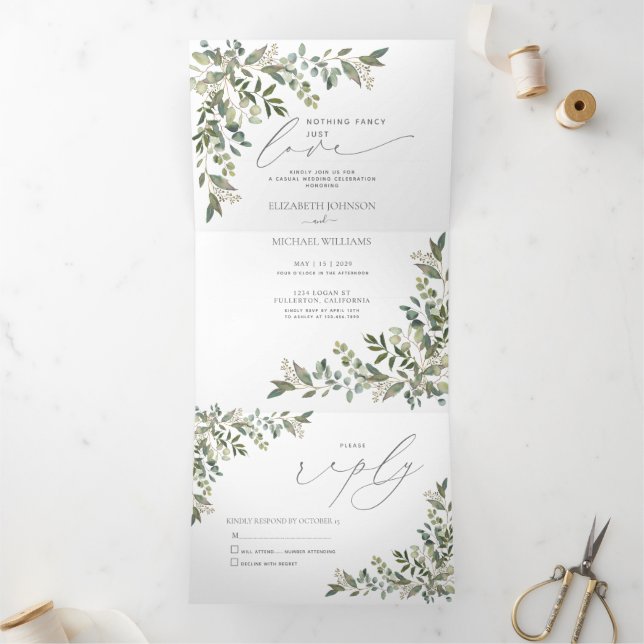 Invitación Tríptica Nada Fancy Love Just Love Eucalyptus Foliage Boda (Interior)