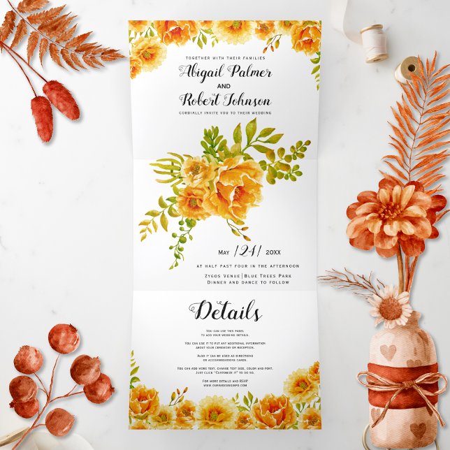 Invitación Tríptica Naranja acuarela cactus flores boda (Subido por el creador)