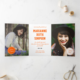 Invitación Tríptica Naranja Círculos 5-Graduación fotográfica