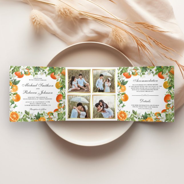 Invitación Tríptica Naranja Collage de Fotos de Boda (Subido por el creador)