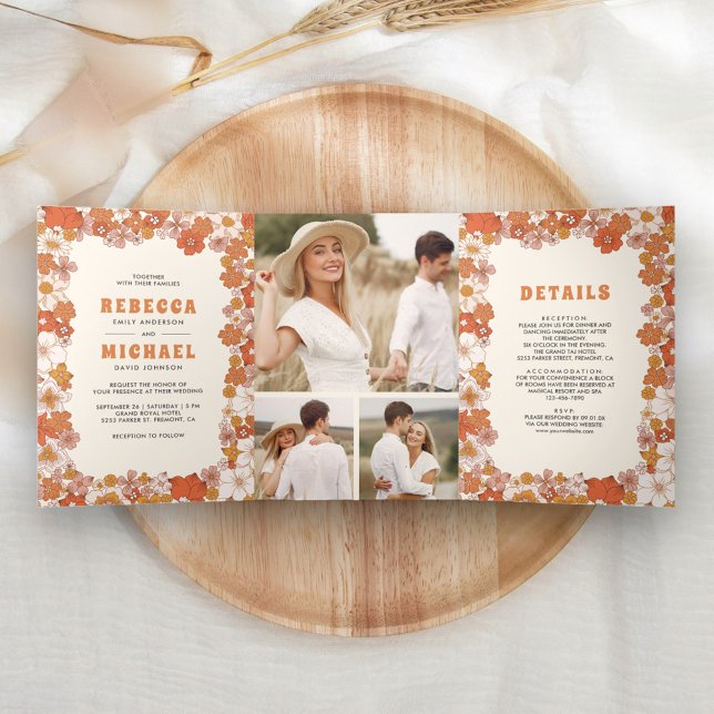 Invitación Tríptica Naranja de Cream Groovy Retro Boda de flores silve (Subido por el creador)
