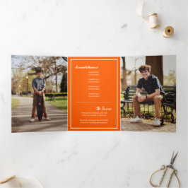 Invitación Tríptica Naranja Edgy Resumen Graduación de fotografía rota