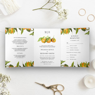 Invitación Tríptica Naranja Mandarina Naranjo en Uno Bodas