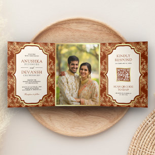 Invitación Tríptica Naranja oxidado Gold Lace QR Código foto Boda indi
