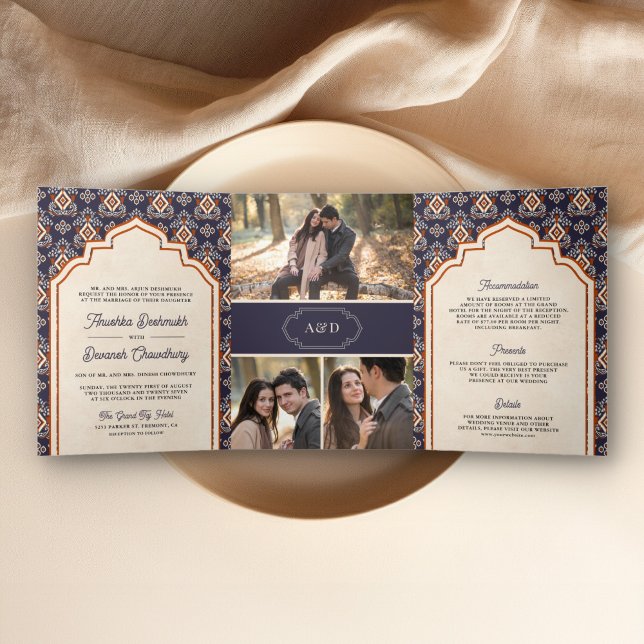 Invitación Tríptica Naranja Púrpura Ikat Todo en Uno Boda India (Subido por el creador)