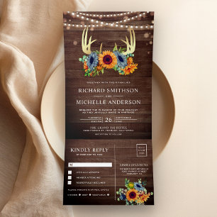 Invitación Tríptica Naranja Quemada Girasoles Navales Cuerno de Madera