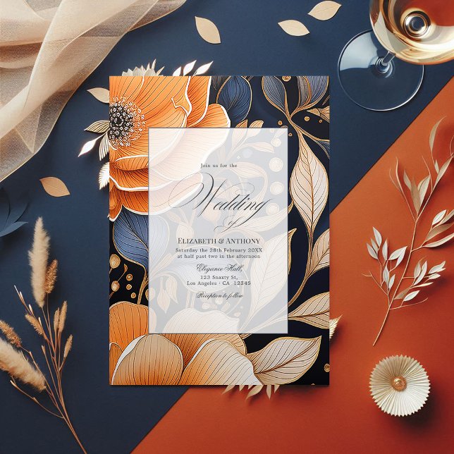Invitación Tríptica Naranja quemada y Boda floral de champán (Navy, Burnt Orange and Champagne Floral Wedding Tri-Fold Invitation)