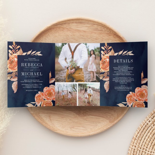 Invitación Tríptica Naranja quemado Boda de la Marina de Collage de fo (Subido por el creador)