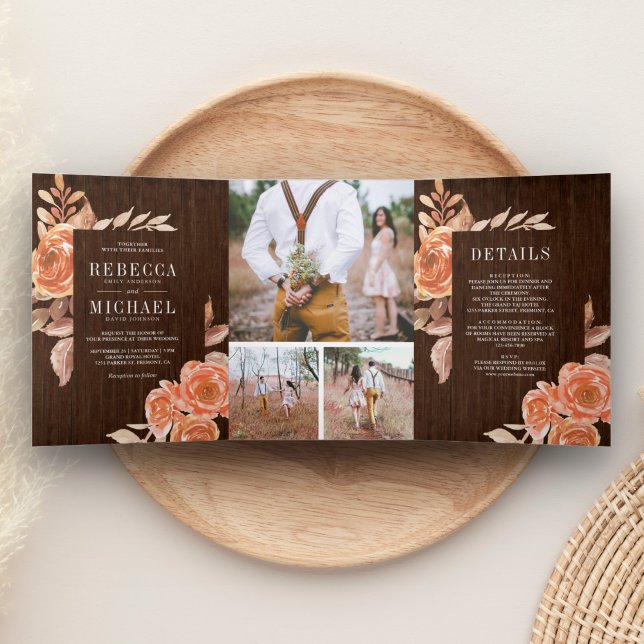 Invitación Tríptica Naranja quemado Collage de fotos floral Boda de ma (Subido por el creador)