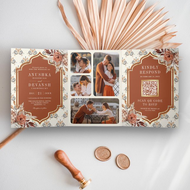 Invitación Tríptica Naranja quemado de Terracota Boda indio floral (Subido por el creador)