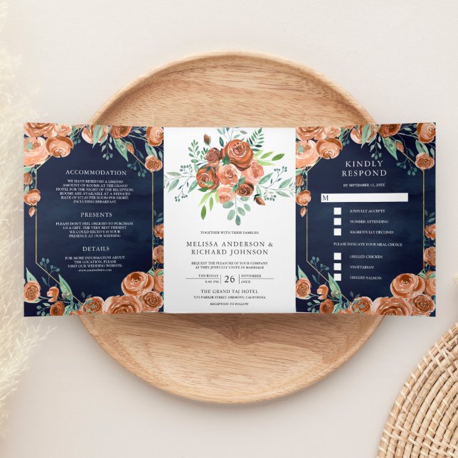 Invitación Tríptica Naranja quemado de tierra Boda azul de la Marina F (Subido por el creador)