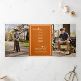 Invitación Tríptica Naranja quemado Edgy Resumen Graduación de foto ro