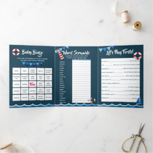 Invitación Tríptica Nautical ahoy faro barco marino primer fiesta