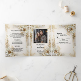 Invitación Tríptica Navidad Invierno Marfil Beige Minimalista Personal