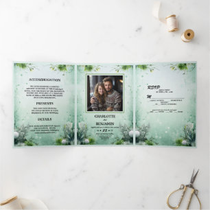 Invitación Tríptica Navidad Invierno Verde Lima Minimalista Personaliz