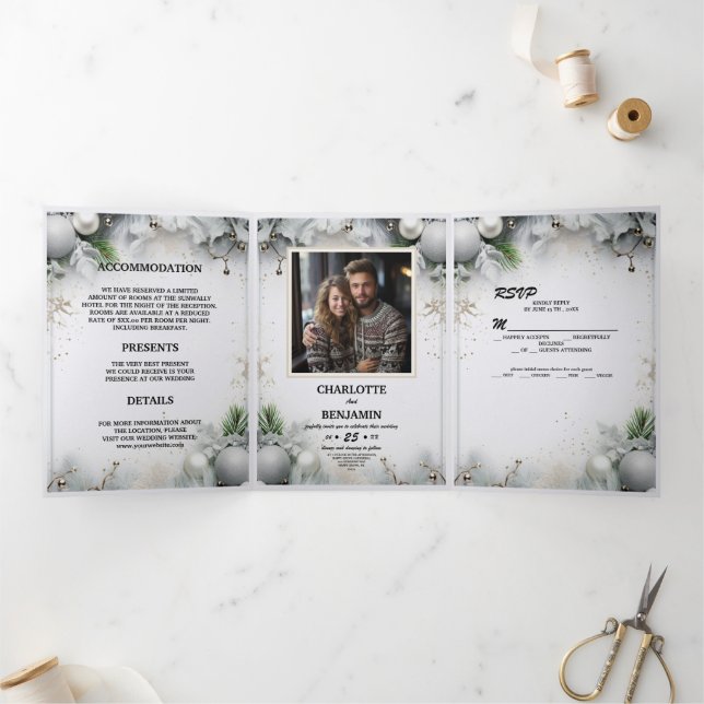 Invitación Tríptica Navidad Plata Mágico Invierno Mínimo Personalizado (Interior)