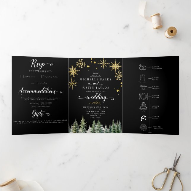 Invitación Tríptica Navidades Boda de Woodland Pine Trees (Interior)