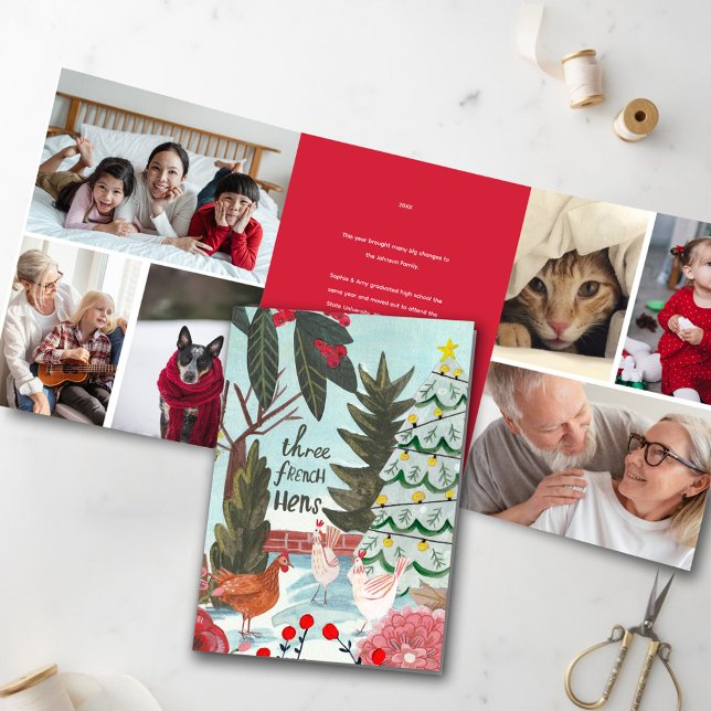 Invitación Tríptica navidades de 12 días de feriado fotográfico de tre (Tri Fold 12 Days of Christmas, Three French Hens illustrations Photo Greeting Card)