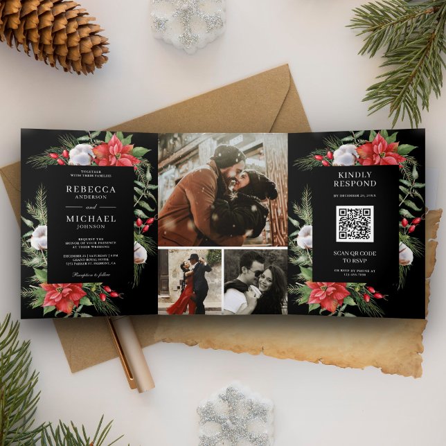 Invitación Tríptica Navidades de código QR de Poinsettia Rusa Boda neg (Subido por el creador)