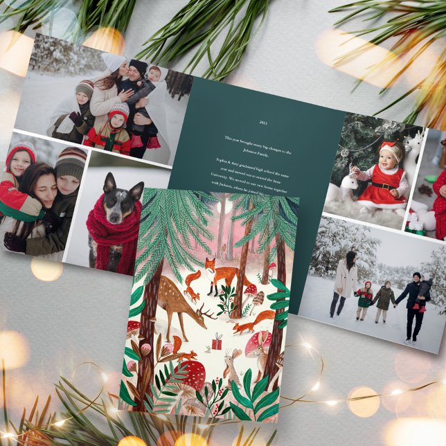 Invitación Tríptica Navidades de fotografía de animales de la familia  (Cute Green Woodland Animals Family Photo Christmas Tri-Fold Invitation)