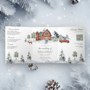 Invitación Tríptica Navidades de invierno Snowy Red Barn Boda de códig