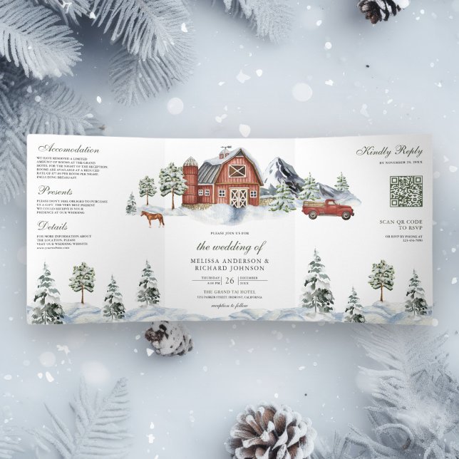 Invitación Tríptica Navidades de invierno Snowy Red Barn Boda de códig (Subido por el creador)