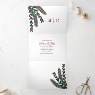 Invitación Tríptica Navidades Greenery Boda Gouache Botánico