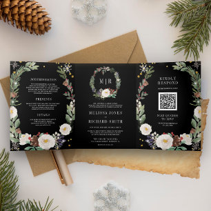 Invitación Tríptica Navidades Monograma Floral Código QR Boda negro
