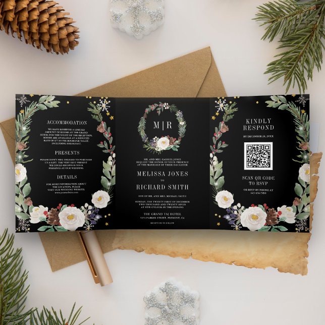 Invitación Tríptica Navidades Monograma Floral Código QR Boda negro (Subido por el creador)