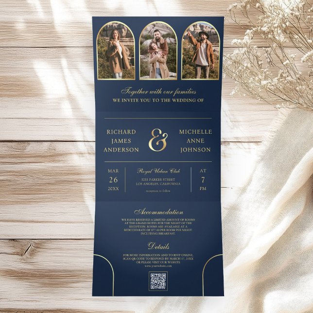 Invitación Tríptica Navy Blue Gold Minimal Arch Photo QR code Wedding (Subido por el creador)