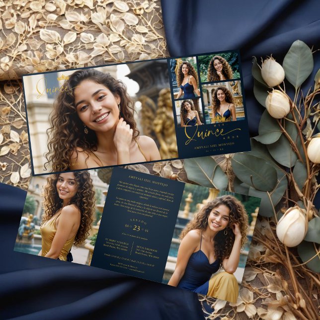 Invitación Tríptica "Navy Blue Quinceañera Invitations" "Trendy Quince (Spanish Navy Blue Trendy Quinceañera Collage 7 Photos Invitations Tri-Fold Cards.)