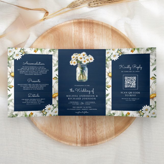 Invitación Tríptica Navy Blue Wood Daisies Mason Jar QR Code Wedding (Subido por el creador)