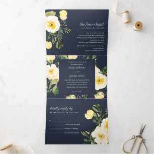 INVITACIÓN TRÍPTICA NAVY BODA DE COLOR DE AGUA AMARILLO AMARILLO DE PE