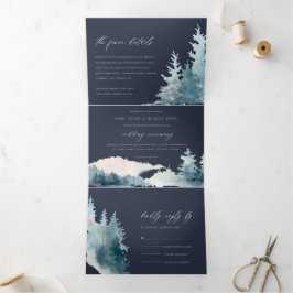 INVITACIÓN TRÍPTICA NAVY DUSKY BLUE MOUNTAINTAINS PINE WATERCOLOR BODA
