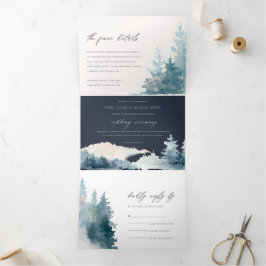 INVITACIÓN TRÍPTICA NAVY DUSKY BLUE MOUNTAINTAINS PINE WATERCOLOR BODA
