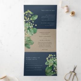 INVITACIÓN TRÍPTICA NAVY KRAFT BERRY LEAFY FOLIAGE GREENERY BODA