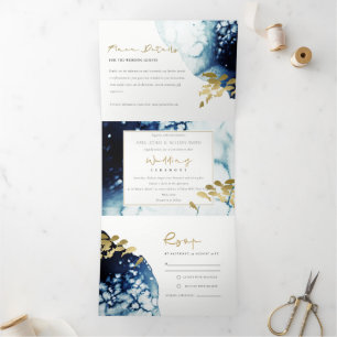 INVITACIÓN TRÍPTICA NAVY ORO BAJO EL MAR BODA DE COLOR DE AGUA DE PESC