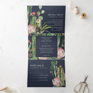 INVITACIÓN TRÍPTICA NAVY PINK FLORAL CACTI FOLIAGE BODA DE COLOR DE AG