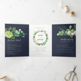 INVITACIÓN TRÍPTICA NAVY SUCCULENT WREATER FOLIAGE WATERCOLOR BODA