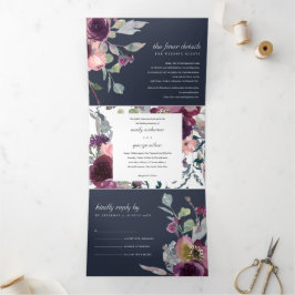 INVITACIÓN TRÍPTICA NAVY WILD PURPLE LILAC FLORAL WATERCOLOR BODA